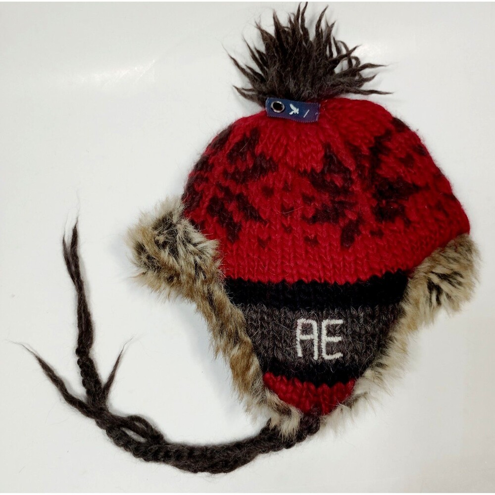 American Eagle Hat Trapper Faux Fur Knit Ear Flap Pom Beanie Gray Red Wool Alpac